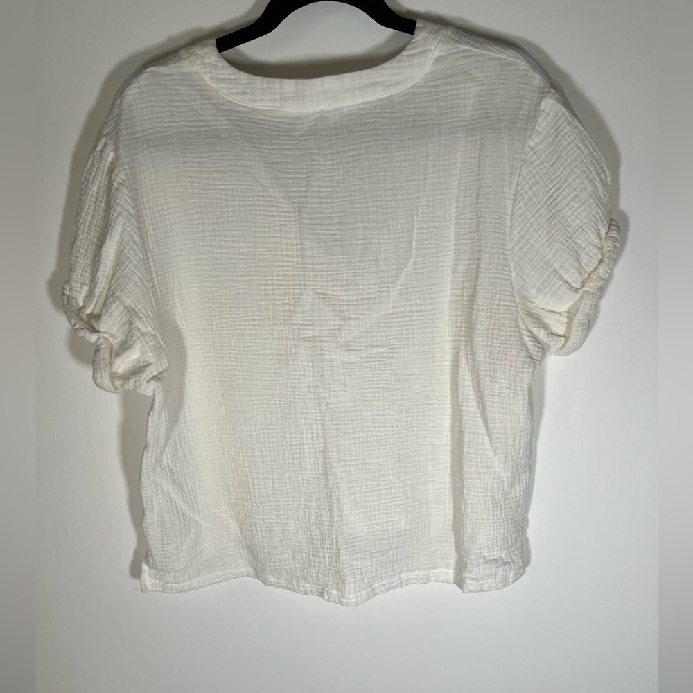 Rag Poets white v-neck cuffed short slv gauzy blouse sz L boho lightweight - Picture 3 of 9